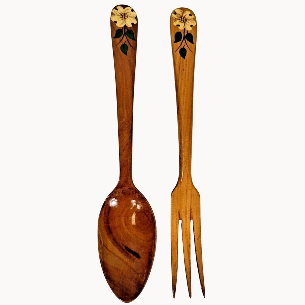 Vtg Woodcroftery Wooden Spoon Fork Set‎ Hand Painted Floral France Kitchen Decor
